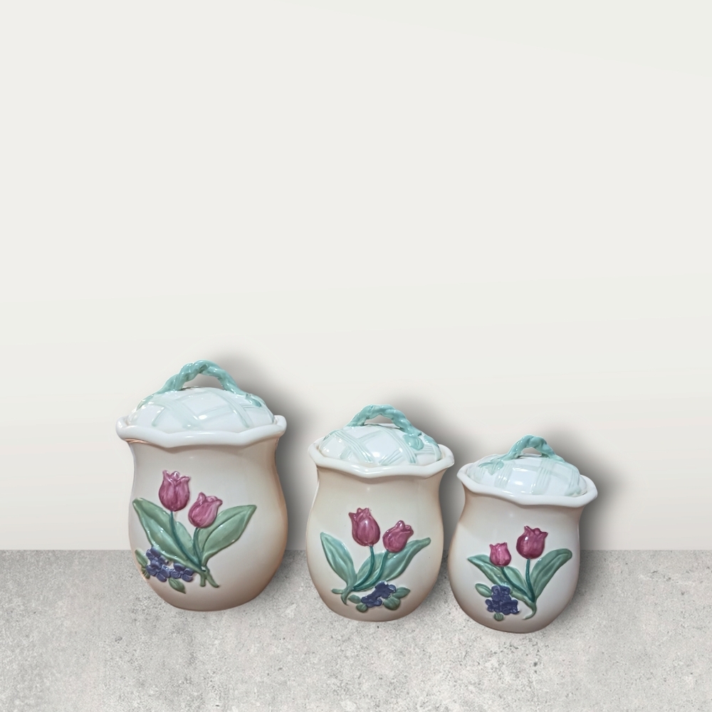 TREASURE CRAFT Canister Set USA Tulip SET UP 3 PC  SET POTTERY FLOWER